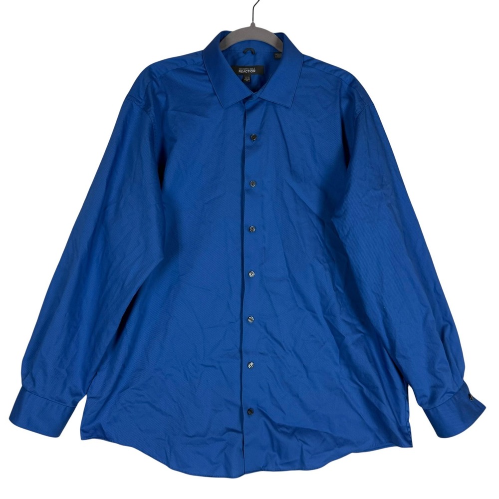 Kenneth Cole Reaction Dress Shirt Mens 17.5 34/35 Blue Solid Wrinkle Free